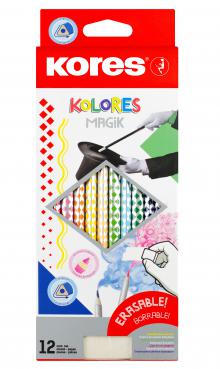 Pastelky KOLORES MAGIK, gumovací, trojhranné 3 mm, vč. pryže / 12 barev 