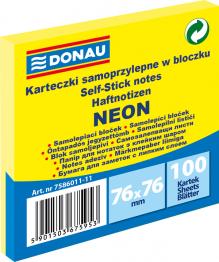 BLOČEK SAMOLEPÍCÍ DONAU 76 x 76 mm, 100 listů, neonově žlutý
