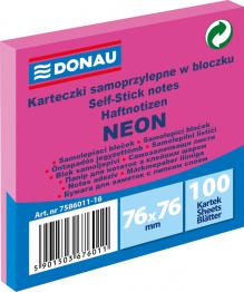 BLOČEK SAMOLEPÍCÍ DONAU 76 x 76 mm, 100 listů, neonově růžový